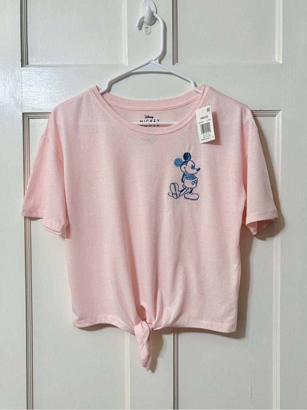 Disney Pink Boxy Tee with Blue Mickey Embroidery and Front Tie NWT